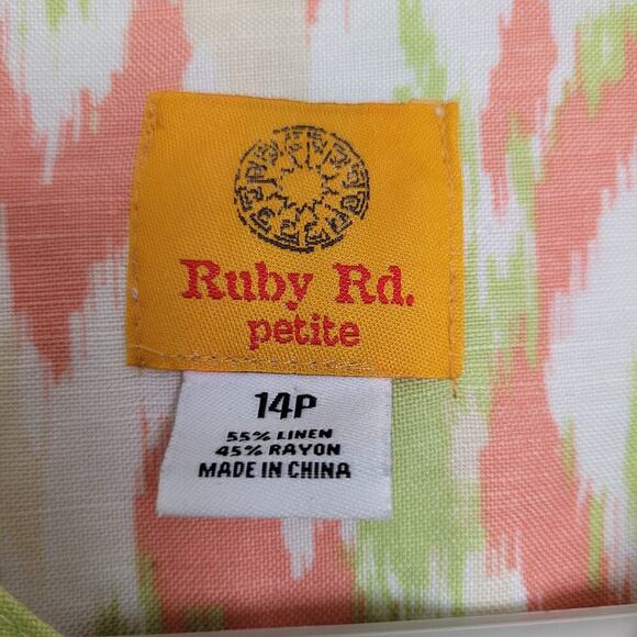 Ruby Rd. Women's Button-Up Top 14P White and Pink Linen Long Sleeves Ruffle Neck - Picture 2 of 8